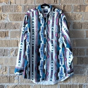 VTG 80s Wrangler Chamois Southwestern Aztec Tribal Long Sleeve Snap Shirt 19x36